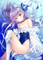 Rule 34 | 1girl, armor, bare shoulders, blue eyes, blue one-piece swimsuit, blue ribbon, blush, breasts, choker, closed mouth, collarbone, covered navel, fate/grand order, fate (series), frills, greaves, hair between eyes, highleg, highleg swimsuit, knee up, long hair, long sleeves, looking at viewer, meltryllis, meltryllis (fate), meltryllis (swimsuit lancer) (fate), meltryllis (swimsuit lancer) (second ascension) (fate), nogi takayoshi, one-piece swimsuit, prosthesis, prosthetic leg, puffy sleeves, purple hair, ribbon, sleeves past fingers, sleeves past wrists, small breasts, smile, solo, swimming, swimsuit, thighs, underwater, very long hair