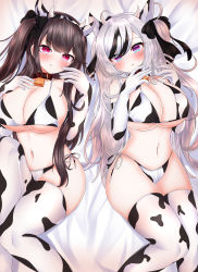 Rule 34 | 2girls, absurdres, alternate costume, animal ears, animal print, azur lane, bell, bikini, black bikini, black gloves, black hair, black legwear, black ribbon, blue eyes, blush, breasts, brown hair, cow ears, cow horns, cow print, cow tail, cowbell, curvy, elbe (azur lane), elbow gloves, gloves, gradient eyes, hair ribbon, hand on own chest, highres, horns, huge breasts, large breasts, long hair, looking at viewer, lying, min1910, multicolored eyes, multicolored hair, multiple girls, neck bell, on back, pamiat merkuria (azur lane), red eyes, ribbon, side-tie bikini bottom, streaked hair, swimsuit, tail, thighhighs, two-tone bikini, two-tone gloves, two-tone hair, two-tone legwear, white bikini, white gloves, white hair, white legwear