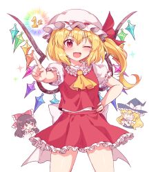 Rule 34 | 3girls, absurdres, ascot, blonde hair, breasts, brown hair, collared shirt, cowboy shot, crystal, fang, flandre scarlet, frilled ribbon, frilled shirt collar, frilled skirt, frills, hair ribbon, hakurei reimu, hand on own hip, happy, hat, hat ribbon, highres, kaoling, kirisame marisa, medium hair, mob cap, multiple girls, one eye closed, one side up, open mouth, pointing, puffy short sleeves, puffy sleeves, red eyes, red ribbon, red skirt, red vest, ribbon, shirt, short sleeves, skirt, skirt set, small breasts, thighs, touhou, vest, white headwear, white shirt, wings, witch hat, yellow ascot