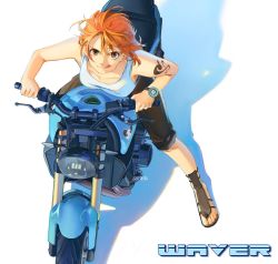 Rule 34 | &gt;:), 1girl, :q, arm tattoo, bare arms, bare shoulders, brown eyes, camisole, from above, highres, log pose, looking at viewer, looking up, motor vehicle, motorcycle, nami (one piece), on motorcycle, one piece, orange hair, sandals, shorts, siimka1, smile, solo, tattoo, toes, tongue, tongue out, v-shaped eyebrows