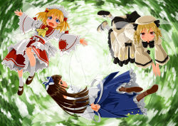 Rule 34 | 3girls, :&lt;, :d, arms behind back, ascot, beige dress, black bow, black ribbon, blonde hair, blue bow, blue eyes, blush, boots, bow, bowtie, brown eyes, brown footwear, brown hair, crescent, drill hair, fairy wings, fang, flying, frills, hair bow, hat, kazu (rakugakino-to), long hair, luna child, maid headdress, mary janes, multiple girls, open mouth, outstretched arms, red eyes, ribbon, sash, shoes, short hair, smile, spread arms, star (symbol), star sapphire, sun symbol, sunny milk, touhou, touhou sangetsusei, white bow, white legwear, wide sleeves, wings