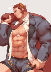 Rule 34 | 1boy, absurdres, bara, black suit, boxers, bulge, claude (housamo), edging underwear, facial hair, goatee, guoguo, highres, large pectorals, laurel crown, leaf print, long sideburns, looking to the side, male focus, male underwear, mature male, muscular, muscular male, necktie, no pants, open clothes, open shirt, pectoral cleavage, pectorals, print male underwear, red hair, salaryman, short hair, sideburns, smile, solo, suit, thick eyebrows, thighs, tokyo houkago summoners, underwear