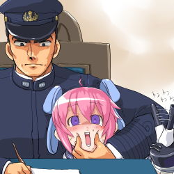 Rule 34 | 10s, 1boy, 1girl, admiral (kancolle), ahoge, blush, chair, cheek squash, dd (ijigendd), desk, kantai collection, long hair, nenohi (kancolle), open mouth, pink hair, purple eyes, slippers, sweat, trembling, turret, when you see it