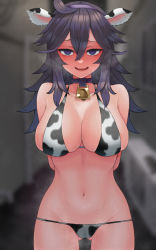 Rule 34 | 1girl, @ @, alternate breast size, animal ears, animal print, areola slip, arms behind back, bell, bikini, blurry, blurry background, blush, breasts, choker, cleavage, commentary request, cow ears, cow print, cowbell, cowboy shot, creatures (company), floral print, game freak, hair between eyes, hairband, hex maniac (pokemon), highres, ke-su, large breasts, long hair, looking at viewer, lowleg, lowleg bikini, messy hair, navel, neck bell, nintendo, open mouth, paid reward available, pokemon, pokemon xy, purple choker, purple eyes, purple hair, purple hairband, smile, solo, swimsuit, undersized clothes