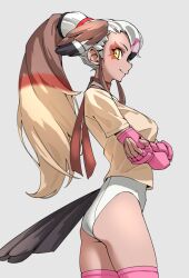 Rule 34 | 1girl, absurdres, bird girl, bird tail, bird wings, boots, brown hair, brown necktie, cowboy shot, crossed arms, egyptian goose (kemono friends), elbow gloves, fingerless gloves, gloves, head wings, highres, kemono friends, leotard, long hair, multicolored hair, necktie, pink footwear, pink gloves, ponytail, shirt, smile, solo, tail, tanabe (fueisei), thigh boots, white hair, white leotard, wings, yellow eyes, yellow shirt