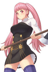 Rule 34 | 1girl, axe, blue thighhighs, blush, breasts, buttons, closed mouth, fire emblem, fire emblem: three houses, garreg mach monastery uniform, gluteal fold, highres, hilda valentine goneril, holding, holding axe, holding weapon, ibushi (oath), large breasts, long hair, mixed-language commentary, nintendo, pink eyes, pink hair, simple background, sleeves rolled up, solo, thighhighs, thighs, twintails, weapon, white background