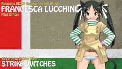 Rule 34 | 1girl, animal ears, belt, black hair, cat ears, cat tail, fang, flag, francesca lucchini, green eyes, hands on own hips, highres, long hair, lowleg, lowleg panties, military, military uniform, muramasa mikado, open mouth, panties, smile, solo, strike witches, striped clothes, striped panties, sweater, tail, text focus, twintails, underwear, uniform, world witches series