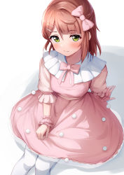 Rule 34 | 1girl, arm support, blush, bow, bowtie, breasts, collar, commentary, dress, eyelashes, green eyes, hair bow, hair ornament, hairclip, hand on thighs, highres, looking at viewer, love live!, love live! nijigasaki high school idol club, medium breasts, pantyhose, pink bow, pink bowtie, pink dress, pink hair, pom pom (clothes), serious, shadow, short hair, short sleeves, sidelocks, sitting, solo, star (symbol), star hair ornament, symbol-only commentary, toyasu aina, uehara ayumu, white background, white collar, white pantyhose, wrist cuffs