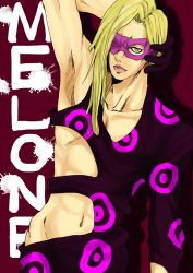 Rule 34 | 1boy, arm up, armpits, black gloves, blonde hair, collarbone, gloves, hand on own face, hand on own head, highres, jojo no kimyou na bouken, looking at viewer, male focus, mask, melone, navel, paint splatter, red background, solo, splatter, vento aureo, yellow eyes
