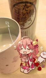 Rule 34 | 1girl, 1other, 35p (sakura miko), :3, ahoge, aoki ume, bell, blush, bottle, chibi, closed eyes, commentary request, cup, hair bell, hair ornament, heart, holding, holding cup, hololive, nontraditional miko, one side up, open mouth, photo background, sake bottle, sakura miko, sakura miko (1st costume), seiza, sitting, smile, virtual youtuber