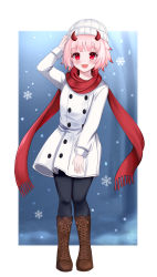 Rule 34 | 1girl, absurdres, alternate costume, beanie, commentary, commission, english commentary, hat, highres, horns, jacket, matsuro meru, pink hair, red eyes, red scarf, rizuchi, scarf, second-party source, short hair, smile, solo, tsunderia, virtual youtuber, white hat, white jacket