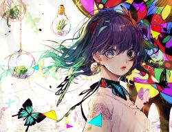 Rule 34 | 1girl, abstract, blue eyes, bug, butterfly, choker, colorful, daimaou ruaeru, earrings, green hair, highres, bug, jewelry, light bulb, lips, looking at viewer, looking to the side, mole, mole under eye, multicolored hair, original, plant, purple hair, short hair, solo, triangle, upper body