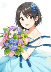 Rule 34 | 1girl, :d, aqua dress, bare arms, bare shoulders, blue flower, blush, bouquet, character request, collarbone, dated, dot nose, dress, earrings, eyes visible through hair, flower, hair flower, hair ornament, holding, holding bouquet, idolmaster, idolmaster cinderella girls, jewelry, looking at viewer, open mouth, pink flower, purple flower, short hair, signature, simple background, smile, solo, strapless, strapless dress, tarachine, tears, white background, yellow flower