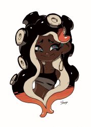 Rule 34 | 1girl, aqua eyes, artist name, black hair, cephalopod eyes, closed mouth, collarbone, colored tips, commentary request, crop top, cropped torso, dark-skinned female, dark skin, earrings, eyelashes, furrowed brow, highres, jewelry, long hair, marina (splatoon), mole, mole under mouth, multicolored hair, nintendo, octoling, official alternate costume, orange hair, red pupils, shogo (shogo70449442), simple background, smile, solo, splatoon (series), splatoon 3, tentacle hair, thick eyebrows, two-tone hair, upper body, very dark skin, white background