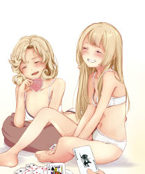 Rule 34 | 1other, 2girls, :d, artist name, bare legs, bare shoulders, barefoot, beige background, blonde hair, blush, bra, breasts, closed eyes, collarbone, facing viewer, feet up, full body, gradient background, grin, head tilt, janus (kancolle), jervis (kancolle), kantai collection, long hair, looking at viewer, lying, multiple girls, on stomach, open mouth, panties, rizzl, short hair, sidelocks, simple background, small breasts, smile, underwear, underwear only, white background, white bra, white panties