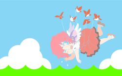 Rule 34 | 1girl, :d, bird, blush, cloud, dress, fail whale, female focus, flat color, flying, mitsumoto jouji, mystia lorelei, one eye closed, open mouth, outdoors, parody, pink hair, sandals, short hair, sky, smile, solo, sparrow, touhou, twitter, waving, wings, wink