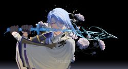 Rule 34 | 1boy, absurdres, black background, blue eyes, blue hair, cape, dark background, english text, flower, genshin impact, hair over one eye, high collar, highres, holding, holding sword, holding weapon, japanese clothes, kamisato ayato, long sleeves, looking at viewer, pepppaya, solo, sword, weapon, white cape, white flower