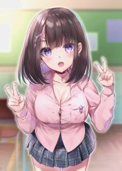 Rule 34 | 1girl, absurdres, blush, breasts, brown hair, classroom, cleavage, collarbone, colored inner hair, double v, earrings, hands up, hane yuki, highres, jewelry, large breasts, long sleeves, looking at viewer, multicolored hair, open mouth, original, purple eyes, school uniform, short hair, skirt, solo, thighs, v