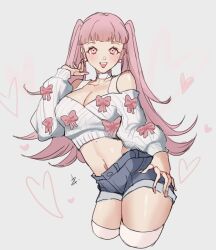 1girl blush breasts cleavage denim denim_shorts fire_emblem fire_emblem:_three_houses hilda_valentine_goneril jewelry large_breasts long_hair looking_at_viewer nintendo open_mouth pink_eyes pink_hair shorts simple_background smile solo twintails white_background zedoraart