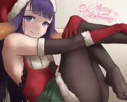 Rule 34 | absurdres, alternate costume, armpit peek, black gloves, christmas, elbow gloves, flat chest, fur trim, gloves, hat, highres, hololive, hololive english, long hair, looking at viewer, mocomiliano, ninomae ina&#039;nis, pantyhose, purple eyes, purple hair, red gloves, santa costume, santa hat, smile, solo, tentacle hair, virtual youtuber