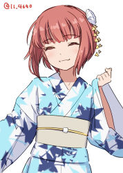 Rule 34 | 1girl, 4690 (tkpbsk), :3, alternate costume, blue kimono, brown hair, closed eyes, hair ornament, japanese clothes, kantai collection, kimono, one-hour drawing challenge, short hair, simple background, smile, solo, white background, yukata, z3 max schultz (kancolle)