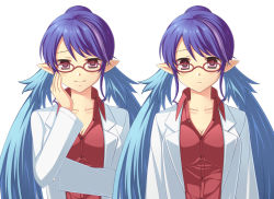 Rule 34 | 00s, 1girl, ayamisiro, blue hair, breasts, contemporary, dual persona, expressions, glasses, hair bun, judith (tales), lab coat, long hair, official alternate costume, pointy ears, single hair bun, smile, solo, tales of (series), tales of vesperia, twintails