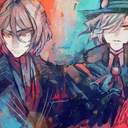 Rule 34 | 2boys, antonio salieri (fate), antonio salieri (second ascension) (fate), artist request, ascot, edmond dantes (fate), fate/grand order, fate (series), fedora, formal, gloves, hair over one eye, hat, multiple boys, pinstripe pattern, pinstripe suit, red eyes, striped, suit, wavy hair, white hair, yellow eyes
