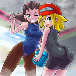 Rule 34 | 2girls, :d, arched back, armpits, ass, ball, bare shoulders, black hair, blonde hair, blush, bodysuit, breasts, brown hair, cabbie hat, capcom, cleavage, cloud, collarbone, cowboy shot, day, earrings, energy tank, flipped hair, glint, green eyes, grin, hair slicked back, hairband, hand on own hip, hand up, happy, hat, highres, holding, holding ball, jewelry, leaning forward, leaning to the side, legs apart, legs together, leotard, long hair, looking at viewer, looking back, medium breasts, mega man (series), mega man legends (series), multiple girls, ocean, one eye closed, open mouth, osamu yagi, outdoors, pantyhose, pink hairband, red hat, roll caskett (mega man), short hair, sidelocks, single vertical stripe, skull earrings, sky, small breasts, smile, standing, taut clothes, thighs, transparent, tron bonne (mega man), v, water, wink