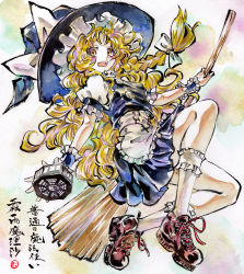 Rule 34 | 1girl, apron, blonde hair, blue hat, blue skirt, blue vest, blue wristband, boots, bow, braid, broom, brown footwear, buttons, hair bow, hand up, hat, hat bow, highres, kabaji, kirisame marisa, legs, long hair, looking at viewer, open mouth, puffy short sleeves, puffy sleeves, shikishi, shirt, short sleeves, single braid, skirt, socks, solo, touhou, traditional media, vest, white apron, white bow, white shirt, white sleeves, white socks, witch hat, wristband, yellow eyes