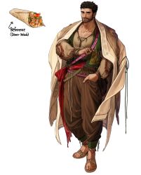Rule 34 | 1boy, anklet, bag, baggy clothes, baggy pants, bangle, beard, bracelet, brown hair, brown skirt, chest hair, closed mouth, collarbone, facial hair, food, full body, grey eyes, hand in pocket, highres, jacket, jacket on shoulders, jewelry, long sleeves, original, pants, pectoral cleavage, pectorals, personification, reference work, ring, rinotuna, shirt, simple background, skirt, slippers, smile, solo, tassel, toenails, toned, toned male, vest, white background