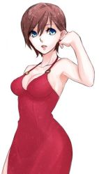Rule 34 | 1girl, bare shoulders, blue eyes, breasts, brown hair, chika (piapro), cleavage, dress, tucking hair, meiko (vocaloid), o-ring, o-ring top, parted lips, red dress, short hair, simple background, vocaloid