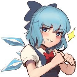 Rule 34 | 1girl, blue bow, blue eyes, blue hair, blue vest, blush, boa (brianoa), bow, bowtie, cirno, hair bow, highres, ice, ice wings, looking at viewer, parted lips, pointing, pointing at self, puffy short sleeves, puffy sleeves, red bow, red bowtie, shirt, short hair, short sleeves, simple background, smile, solo, sparkle, thumbs up, touhou, upper body, vest, white background, white shirt, wings