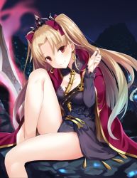 Rule 34 | 1girl, blonde hair, blush, cape, earrings, ereshkigal (fate), fate/grand order, fate (series), hair ribbon, jewelry, long hair, looking at viewer, night, outdoors, planted, planted sword, planted weapon, playing with own hair, red cape, red eyes, red ribbon, ribbon, signature, sitting, skull, smile, solo, sword, takehana note, tohsaka rin, twintails, weapon