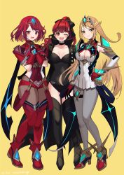 Rule 34 | 3girls, absurdres, blonde hair, breasts, breasts apart, cleavage, crossover, dual persona, female focus, full body, highres, large breasts, matching hair/eyes, multiple girls, mythra (xenoblade), nintendo, one eye closed, persona, persona 5, persona 5 the royal, pyra (xenoblade), red eyes, red hair, super smash bros., wink, xenoblade chronicles (series), xenoblade chronicles 2, yasaikakiage, yellow eyes, yoshizawa kasumi