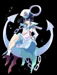 Rule 34 | adapted costume, anchor, anchor symbol, black background, black hair, brown footwear, chain, commentary request, crossed legs, epaulettes, full body, green eyes, hands in pockets, highres, jacket, long sleeves, looking at viewer, murasa minamitsu, neckerchief, nikorashi-ka, one-hour drawing challenge, sailor collar, sailor shirt, shirt, shoes, short hair, shorts, simple background, sitting, socks, touhou, white headwear, white jacket, white legwear, white neckerchief, white shirt, white shorts
