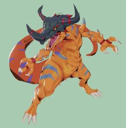 Rule 34 | artist name, claws, colored sclera, digimon, digimon (creature), dinosaur, geogreymon, grey background, horns, no humans, prehistoric animal, shinigami wyvern, simple background, standing, striped, yellow sclera