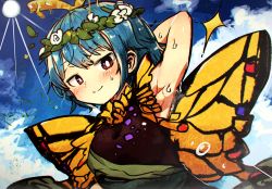 Rule 34 | 1girl, absurdres, antennae, arm behind head, armpits, black dress, blue hair, blush, breasts, bright pupils, butterfly wings, closed mouth, cloud, cloudy sky, commentary request, day, diffraction spikes, dress, dutch angle, eternity larva, flower, highres, huge filesize, insect wings, looking at viewer, outdoors, piaki, red eyes, short hair, sky, small breasts, smile, solo, sparkle, sun, sweat, touhou, upper body, white flower, white pupils, wings, wreath