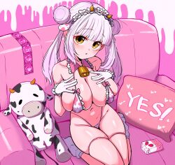 1girl :o animal_ears animal_print areola_slip bell bikini blush breasts condom couch cow_ears cow_ears_hairband cow_horns cow_print cow_print_bikini cowbell double_bun frilled_hairband frills gloves gradient_hair hair_bun hairband hands_on_own_chest highres horn_hairband horns huge_breasts long_hair looking_at_viewer milk_carton miruka_(oha) multicolored_hair multiple_condoms navel neck_bell oha_(oha_h22) on_couch original print_bikini purple_hair ribbed_socks seiza sitting skindentation socks strawberry_milk stuffed_cow swimsuit thigh_strap thong_bikini twintails two-tone_hairband white_gloves white_hair yellow_eyes yes-no_pillow