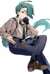 Rule 34 | absurdres, ahoge, androgynous, belt, black gloves, black necktie, black pants, bright pupils, brown footwear, brown shirt, collared shirt, creatures (company), crossed legs, ear piercing, earrings, floating hair, foot out of frame, from side, game freak, gloves, green hair, hand in pocket, highres, invisible chair, jewelry, jia ma, long hair, looking at viewer, low ponytail, necktie, nintendo, pants, parted lips, piercing, pokemon, pokemon sv, ponytail, red eyes, reverse trap, rika (pokemon), shirt, shirt tucked in, shoes, simple background, sitting, suspenders, swept bangs, white background, white pupils