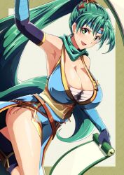 Rule 34 | 1girl, :d, arm up, arm wrap, armpits, bare shoulders, blue dress, blue headband, blush, border, breasts, chest sarashi, cleavage, commentary, commission, dress, earrings, english commentary, fire emblem, fire emblem: the blazing blade, fire emblem heroes, green border, green eyes, green hair, green scarf, headband, holding, holding scroll, huge breasts, jewelry, jpeg artifacts, large breasts, long hair, looking at viewer, lyn (fire emblem), nintendo, obi, obijime, official alternate costume, open mouth, outside border, ponytail, sarashi, sash, scarf, scroll, shuriken, side slit, skeb commission, sleeveless, sleeveless dress, smile, solo, to (tototo tk), very long hair, weapon, yellow sash