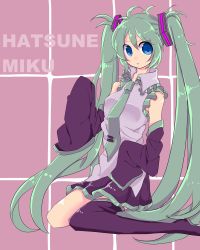 Rule 34 | 1girl, :i, absurdres, bad id, bad pixiv id, blue eyes, boots, character name, detached sleeves, female focus, green hair, hatsune miku, highres, long hair, necktie, sayo25, single thighhigh, sitting, skirt, sleeves past wrists, solo, thigh boots, thighhighs, twintails, very long hair, vocaloid, wariza