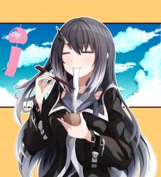 Rule 34 | 1girl, :3, = =, black coat, black hair, blue sky, blush, border, bowl, chopsticks, cloud, cloudy sky, coat, coefont, collared shirt, commentary request, eating, food, gradient hair, grey shirt, hair ornament, hands up, highres, holding, holding bowl, holding chopsticks, kakuhitsu no kosoado vx, long hair, long sleeves, millial (coefont), multicolored hair, noodles, one side up, outline, outside border, shirt, sidelocks, sky, solo, soumen, upper body, white hair, white outline, wide sleeves, wind chime, yellow border