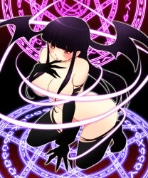 Rule 34 | 1girl, arm support, bad id, bad pixiv id, bare shoulders, black hair, black thighhighs, blush, breasts, elbow gloves, gloves, head wings, highres, large breasts, lips, long hair, magic circle, original, pointy ears, red eyes, sen (novice), solo, thighhighs, vampire, wings