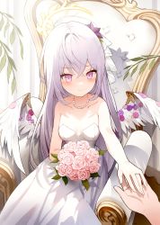 Rule 34 | 1girl, 1other, absurdres, alternate costume, angel wings, azusa (blue archive), bare shoulders, blue archive, blush, bouquet, breasts, bridal veil, bride, cleavage, closed mouth, collarbone, dress, feathered wings, flower, hair between eyes, highres, holding, holding bouquet, jewelry, long hair, looking at viewer, medium breasts, necklace, out of frame, pink flower, pink rose, pov, pov hands, purple eyes, rose, solo focus, strapless, strapless dress, tikakaa, veil, very long hair, wedding dress, white dress, white flower, white hair, white rose, white wings, wings