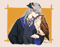 Rule 34 | 1girl, animal on arm, animalization, arknights, bad id, bad pixiv id, bird, bird on arm, black robe, blue necktie, brown background, collared shirt, commentary, crossover, dragon horns, glasses, harry potter (series), highres, hogwarts school uniform, horns, long hair, necktie, orange background, orange eyes, owl, ravenclaw, robe, saria (arknights), school uniform, shirt, silence (arknights), silver hair, striped necktie, symbol-only commentary, twitter username, wizarding world, zy (zyyyyyyy9)