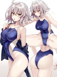 Rule 34 | 1girl, absurdres, ahoge, ass, bare shoulders, black jacket, blue one-piece swimsuit, blush, breasts, chestnut mouth, collarbone, competition swimsuit, covered navel, fate/grand order, fate (series), hair between eyes, highres, impossible clothes, impossible swimsuit, jacket, jeanne d&#039;arc (fate), jeanne d&#039;arc alter (avenger) (fate), jeanne d&#039;arc alter (fate), large breasts, multiple views, off shoulder, one-piece swimsuit, open mouth, short hair, shunichi, silver hair, simple background, split, squatting, swimsuit, thighs, white background, yellow eyes