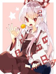 Rule 34 | 1girl, adapted costume, black footwear, boots, bow, candy, collared shirt, commentary, food, foot out of frame, fujiwara no mokou, hair bow, hair ornament, hairclip, highres, holding, holding candy, holding food, holding lollipop, lollipop, long hair, long sleeves, looking at viewer, nail polish, nikorashi-ka, one-hour drawing challenge, open mouth, overalls, puffy sleeves, red bow, red eyes, red nails, red overalls, shirt, sitting, solo, star (symbol), suspenders, teeth, touhou, two-tone bow, white bow, white hair, white shirt