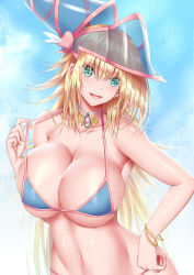 Rule 34 | 1girl, absurdres, bikini, blonde hair, blue sky, breasts, calcio, cleavage, cloud, cowboy shot, dark magician girl, hat, highres, jewelry, large breasts, long hair, navel, necklace, see-through, sky, solo, swimsuit, wizard hat, yu-gi-oh!