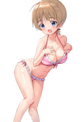 Rule 34 | 1girl, alternate costume, bikini, blue eyes, blush, braid, breasts, brown hair, cleavage, groin, hands on own chest, highres, large breasts, leaning forward, lynette bishop, mejina, navel, side-tie bikini bottom, smile, solo, strap gap, strike witches, striped bikini, striped clothes, swimsuit, swimsuit skirt, white background, world witches series