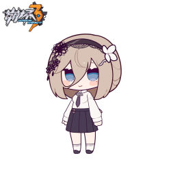 Rule 34 | 1girl, aponia (honkai impact), black footwear, black necktie, black skirt, blush stickers, breasts, brown hair, chibi, closed mouth, collared shirt, copyright name, dress shirt, eta, eyebrows hidden by hair, full body, hair between eyes, honkai (series), honkai impact 3rd, long hair, long sleeves, looking at viewer, mole, mole under eye, necktie, pleated skirt, puffy long sleeves, puffy sleeves, shirt, shoes, simple background, skirt, sleeves past wrists, small breasts, smile, socks, solo, standing, white background, white shirt